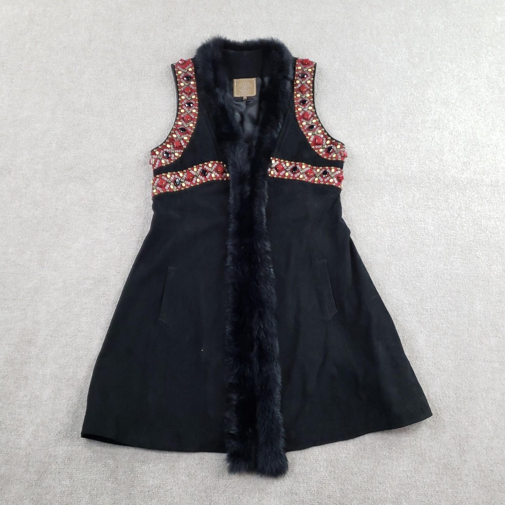 Double D Ranch Vest Women Medium‎ Long Black Leather Beaded Removeable Fur Trim